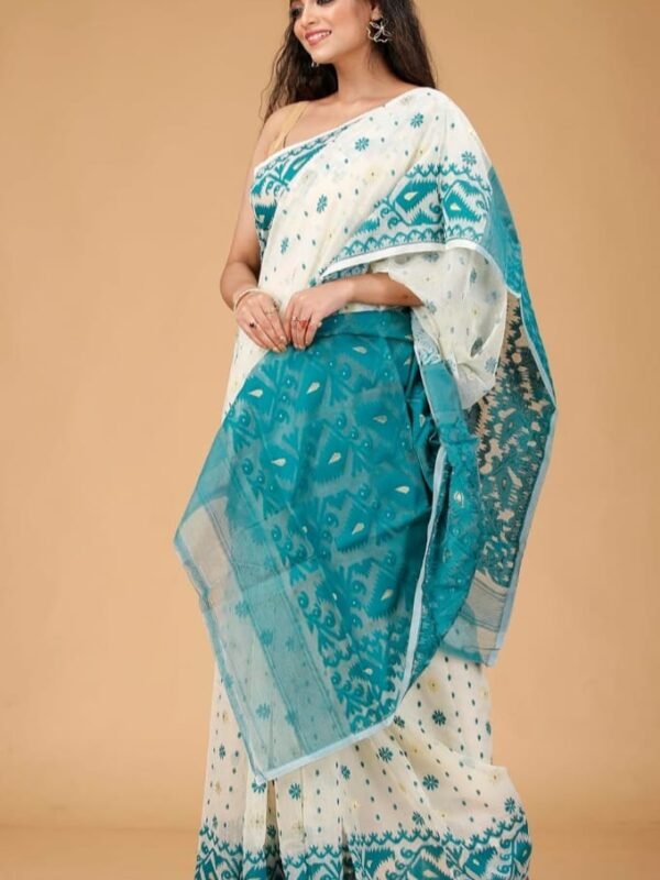 White Soft Buti Korat Jamdani Saree With Blouse Piece