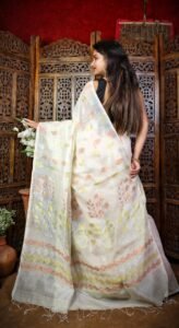 White Soft Dhakai Jamdani Sari With Blouse Piece