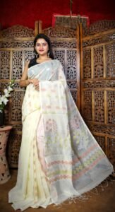 White Soft Dhakai Jamdani Sari With Blouse Piece