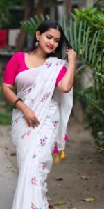 White Soft Embroidery Work Cotton Saree