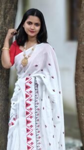 White Soft Embroidery Work Cotton Saree