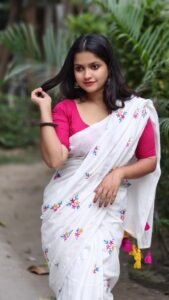 White Soft Embroidery Work Cotton Saree