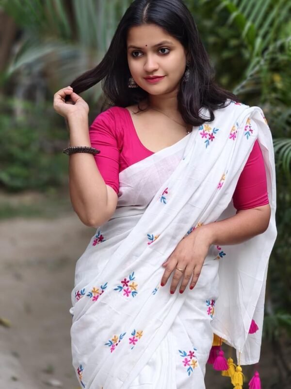White Soft Embroidery Work Cotton Saree