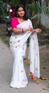 White Soft Embroidery Work Cotton Saree
