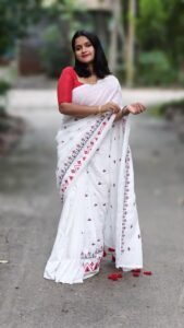White Soft Embroidery Work Cotton Saree