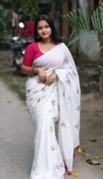 White Soft Embroidery Work Cotton Saree