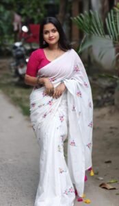 White Soft Embroidery Work Cotton Saree