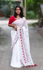 White Soft Embroidery Work Cotton Saree