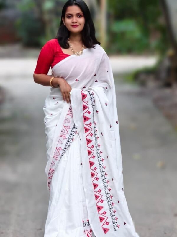 White Soft Embroidery Work Cotton Saree