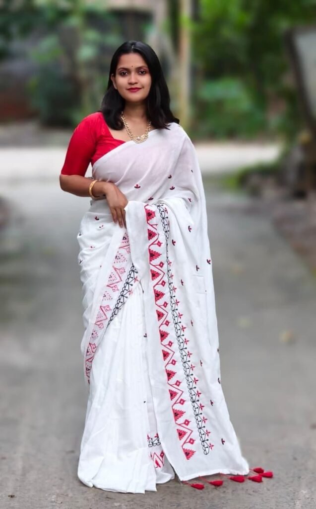 White Soft Embroidery Work Cotton Saree