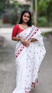 White Soft Embroidery Work Cotton Saree