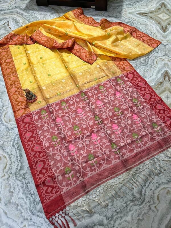 Yellow Pure Tussar By Gachi Tussar Handloom Jamdani Sari With Blouse Piece