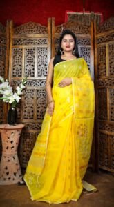 Yellow Soft Dhakai Jamdani Sari With Blouse Piece