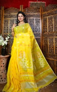 Yellow Soft Dhakai Jamdani Sari With Blouse Piece