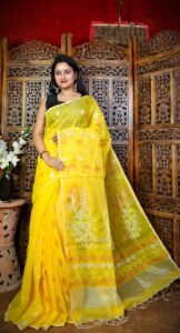Yellow Soft Dhakai Jamdani Sari With Blouse Piece
