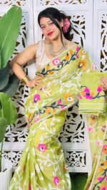 Bonolota Soft Avocado Green Jamdani Sari