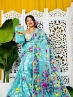 Bonolota Soft Fountain Blue Jamdani Sari