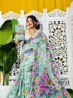 Bonolota Soft Greyish Teal Jamdani Sari