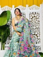 Bonolota Soft Greyish Teal Jamdani Sari