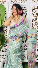 Bonolota Soft Greyish Teal Jamdani Sari