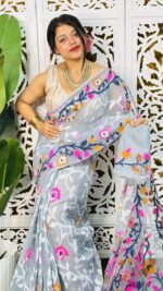 Bonolota Soft Hit Grey Jamdani Sari