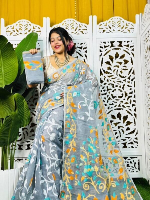 Bonolota Soft Hit Grey Jamdani Sari