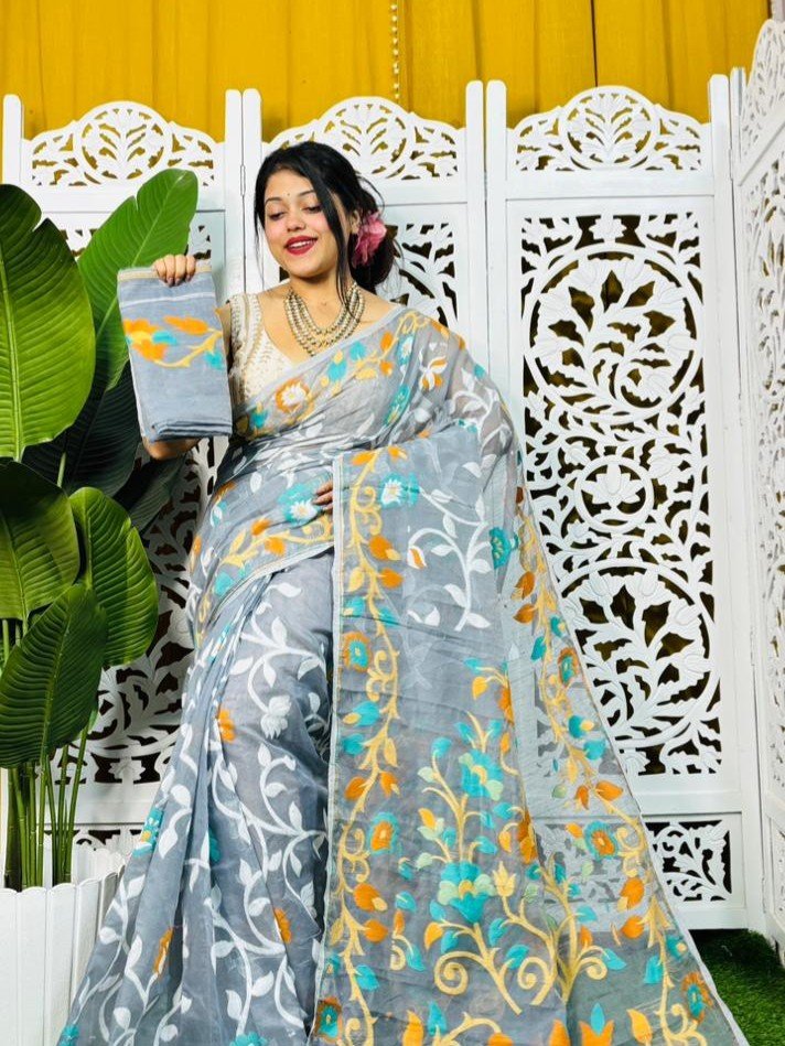 Bonolota Soft Hit Grey Jamdani Sari