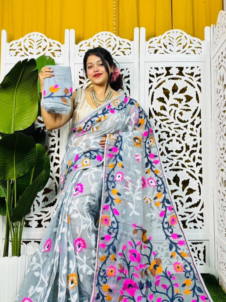 Bonolota Soft Hit Grey Jamdani Sari