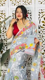 Bonolota Soft Hit Grey Jamdani Sari