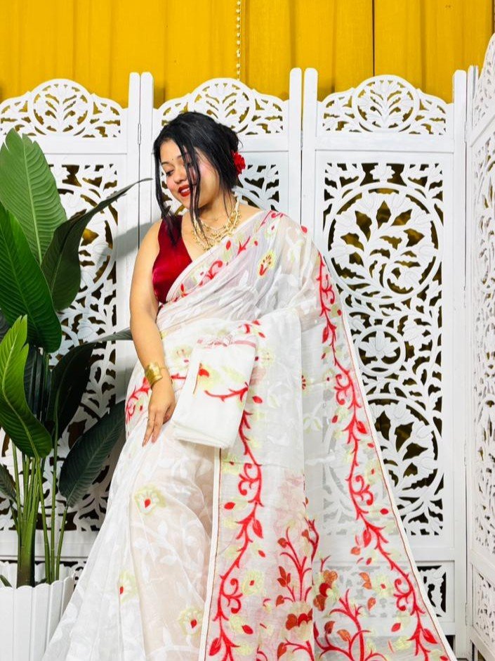 Bonolota Soft White Jamdani Sari