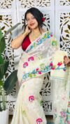 Bonolota Soft White Rock Jamdani Sari