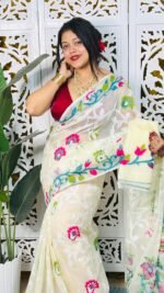 Bonolota Soft White Rock Jamdani Sari