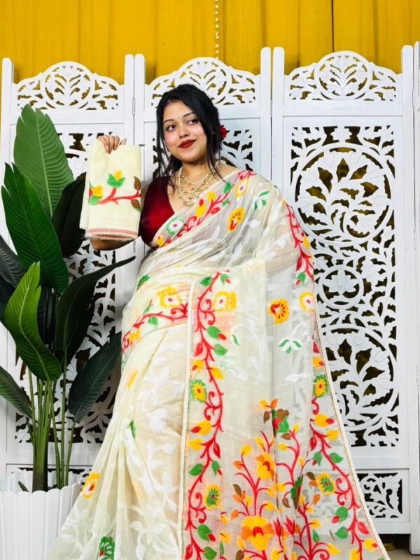 Bonolota Soft White Rock Jamdani Sari