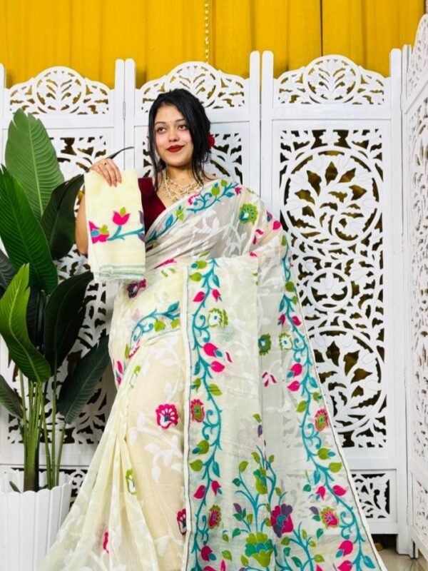 Bonolota Soft White Rock Jamdani Sari