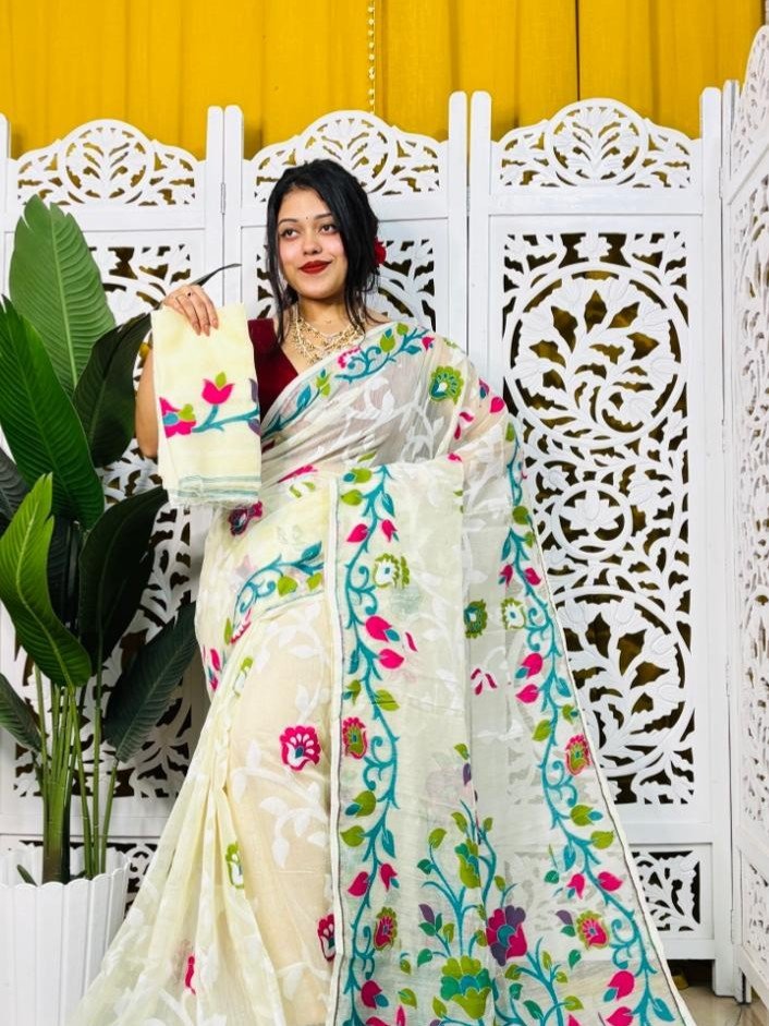 Bonolota Soft White Rock Jamdani Sari Bonolota Soft White Rock Jamdani Sari