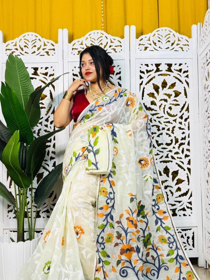 Bonolota Soft White Rock Jamdani Sari Bonolota Soft White Rock Jamdani Sari