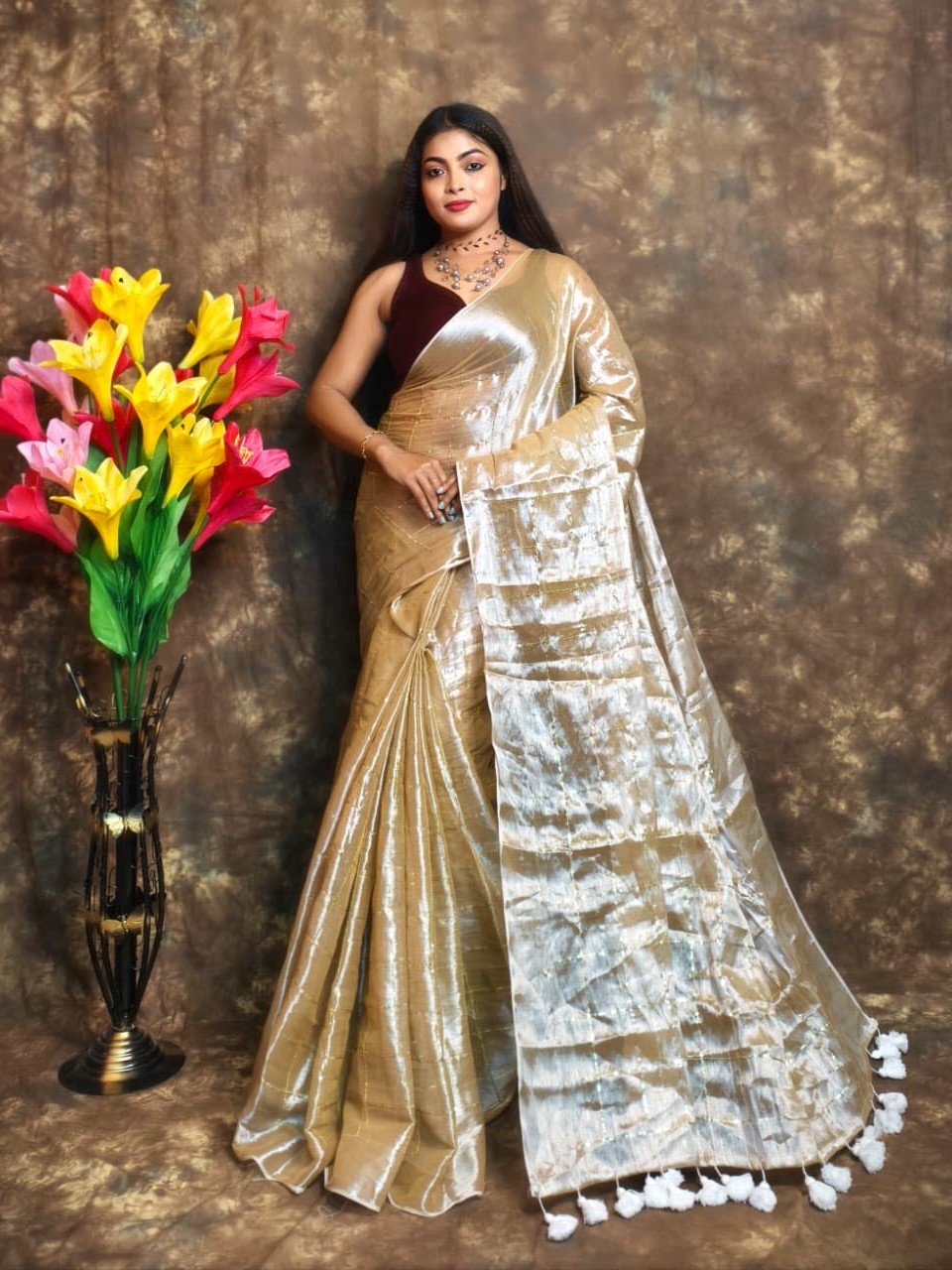 Exclusive Dual Tone Plain Tissue Sari With Chumki Work