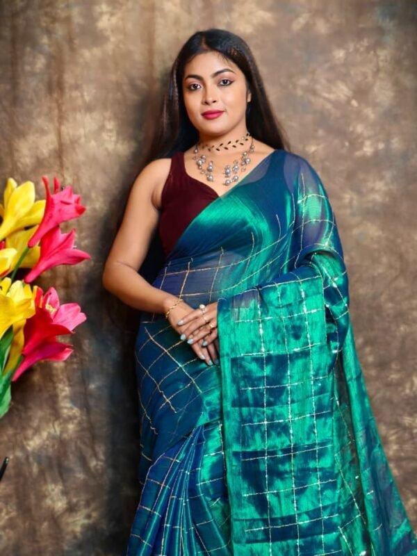 Exclusive Dual Tone Plain Tissue Sari With Chumki Work