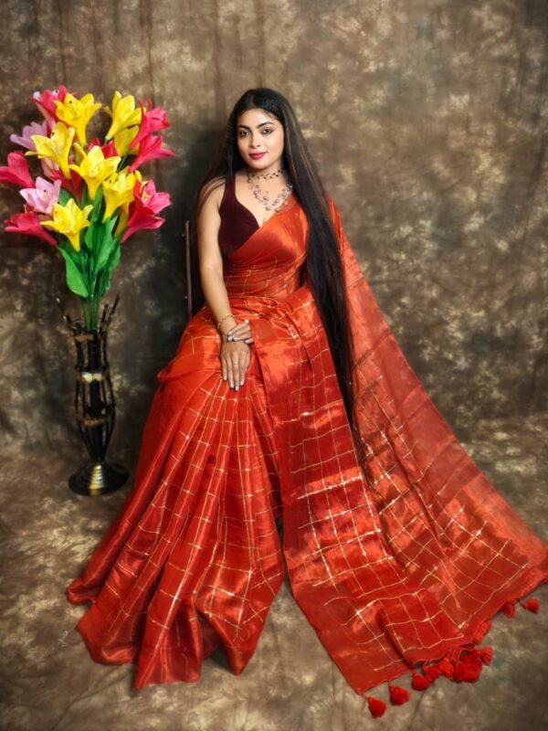Exclusive Dual Tone Plain Tissue Sari With Chumki Work