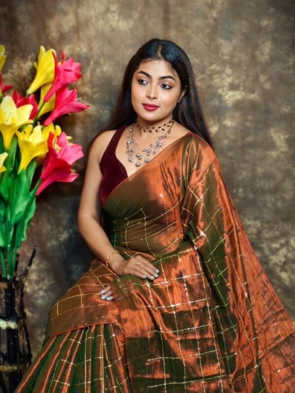 Exclusive Dual Tone Plain Tissue Sari With Chumki Work