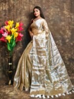 Exclusive Dual Tone Plain Tissue Sari With Chumki Work