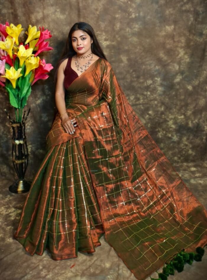 Exclusive Dual Tone Plain Tissue Sari With Chumki Work