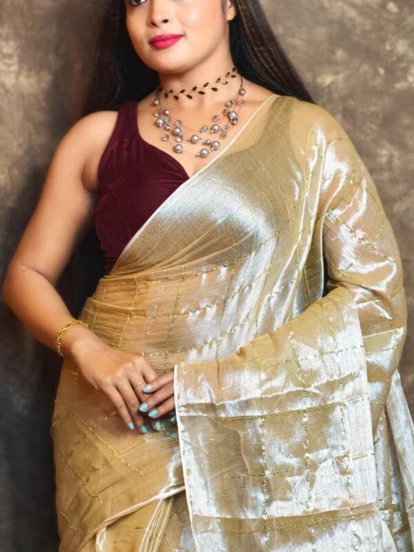 Exclusive Dual Tone Plain Tissue Sari With Chumki Work