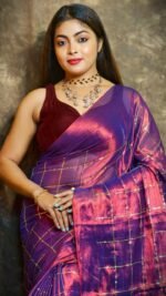 Exclusive Dual Tone Plain Tissue Sari With Chumki Work