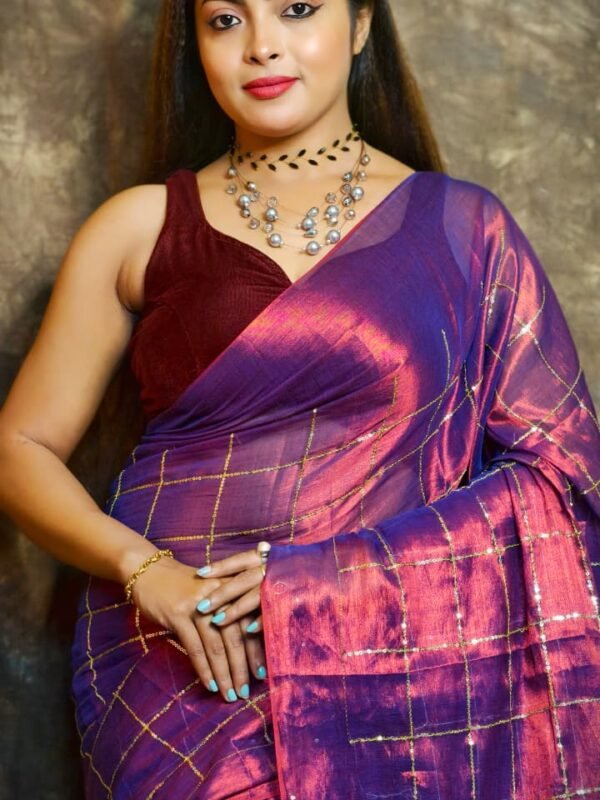 Exclusive Dual Tone Plain Tissue Sari With Chumki Work