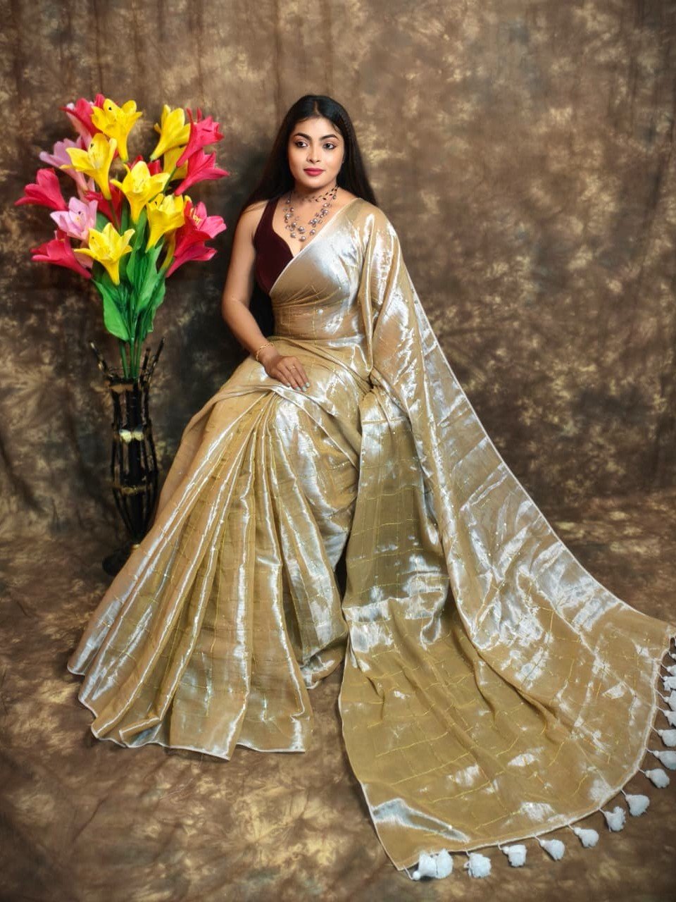 Exclusive Dual Tone Plain Tissue Sari With Chumki Work