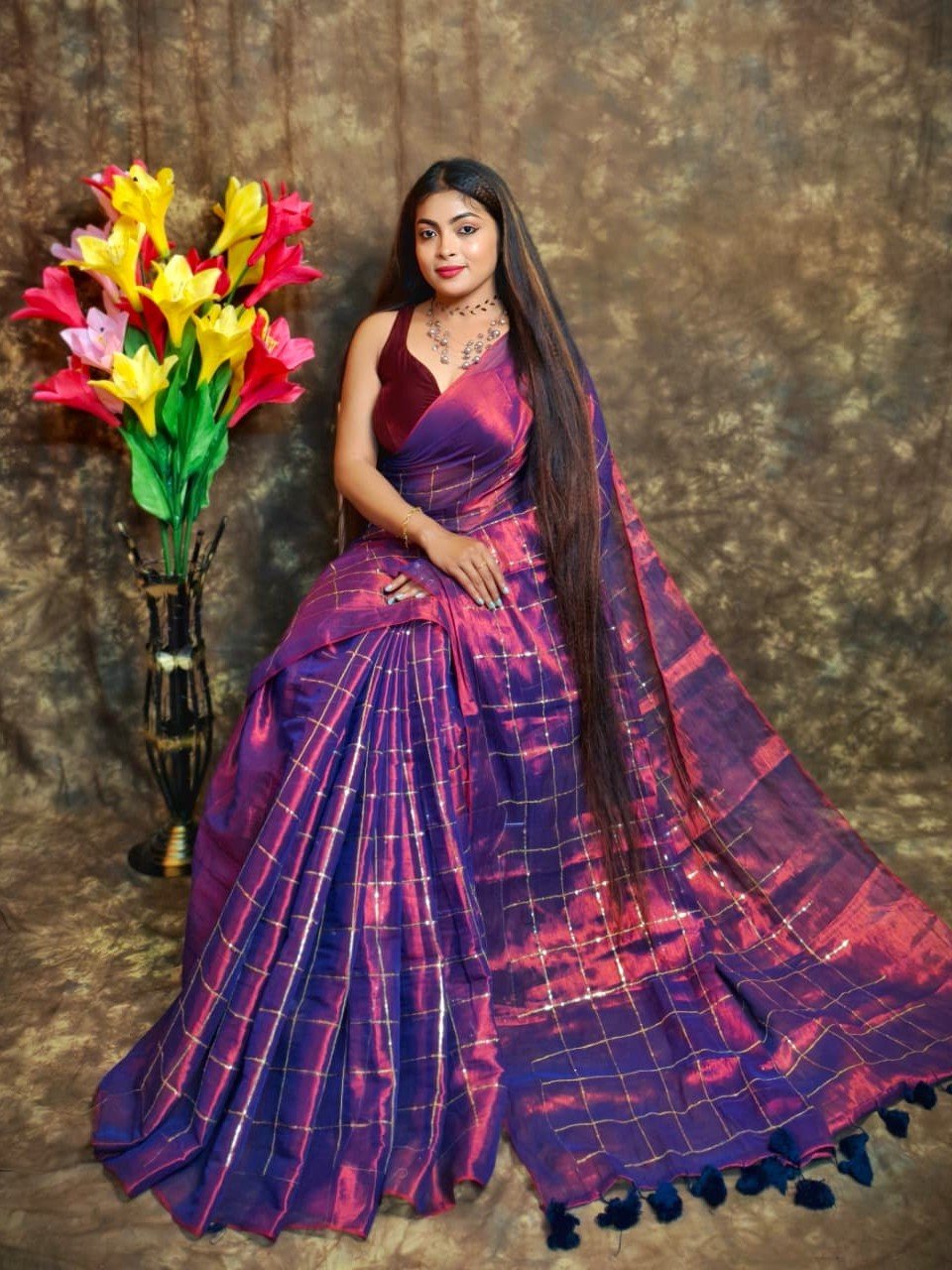 Exclusive Dual Tone Plain Tissue Sari With Chumki Work Exclusive Dual Tone Plain Tissue Sari With Chumki Work