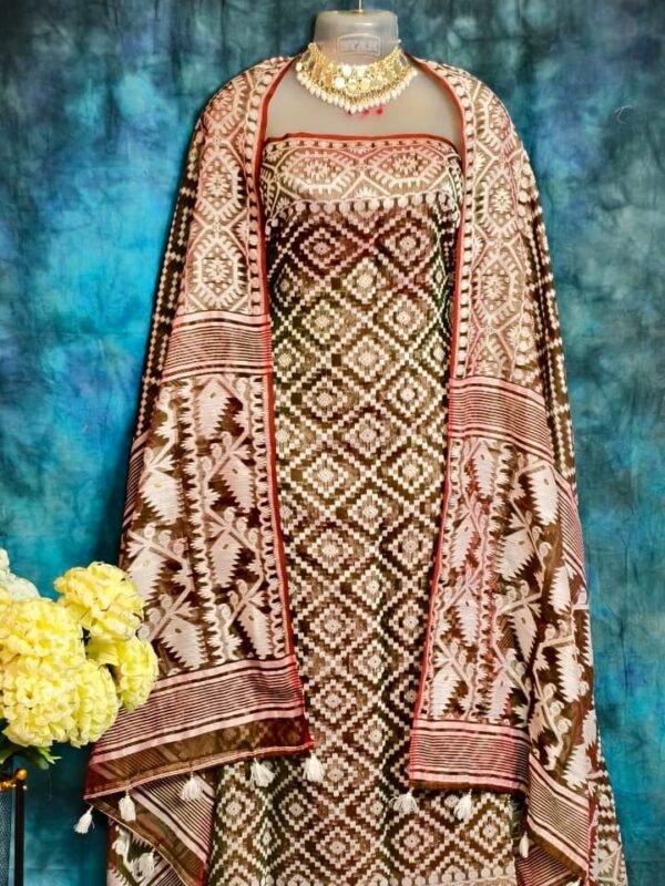 Ikkat Coffee Unstitched 2 Piece Jamdani Suit Set