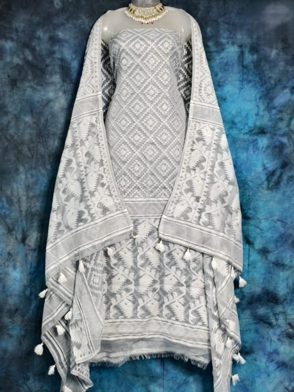 Ikkat Grey Unstitched 2 Piece Jamdani Suit Set