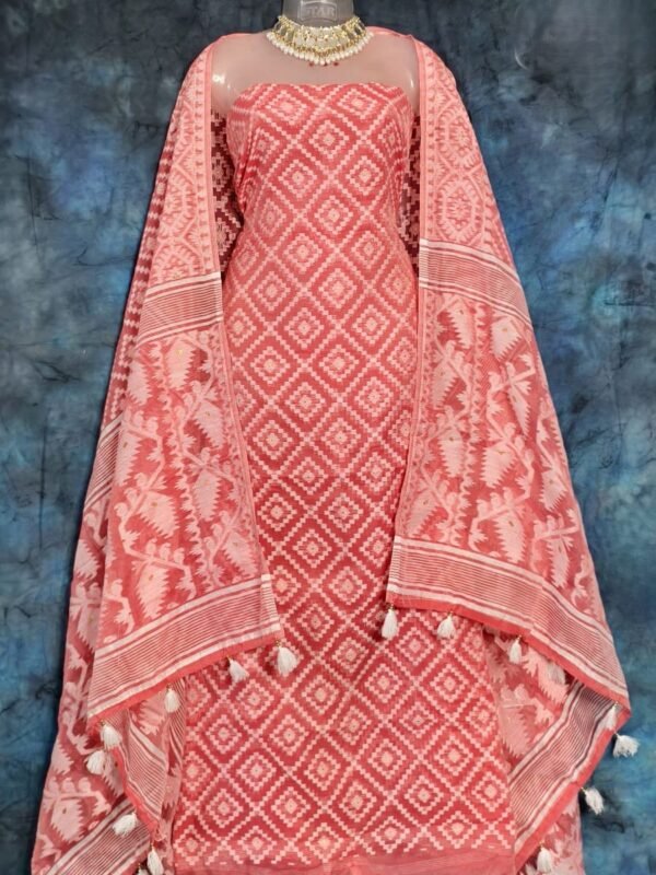 Ikkat Pastel Red Unstitched 2 Piece Jamdani Suit Set